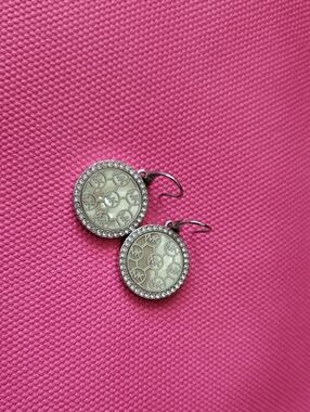 Michael Kors Silver-Tone Crystal Rim Mother-of-Pearl Logo Drop Earrings